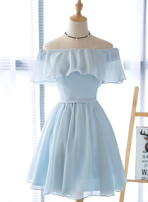 Beautiful Off Shoulder Simple Short Bridesmaid Dress Lovely Blue Chif Beautydressy 3879