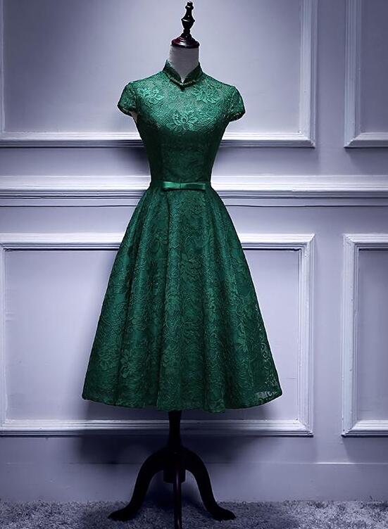 Charming Dark Green Tea Length High Neckline Party Dress, Wedding Part –  BeautyDressy