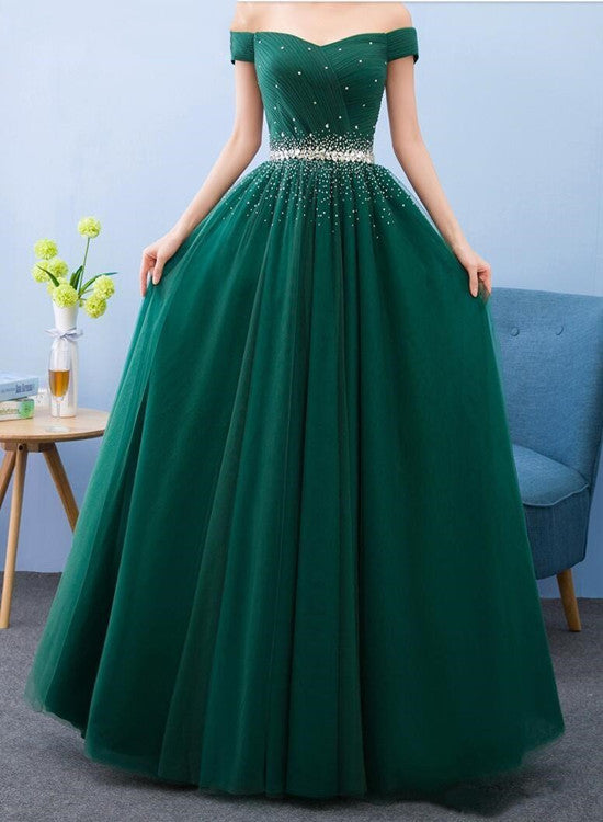 Green Beaded Off Shoulder Long Party Dress, Tulle A-line Evening Dress ...