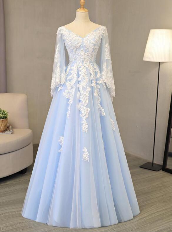 Charming Light Blue Tulle V-neckline Long Party Dress, Prom Dress ...