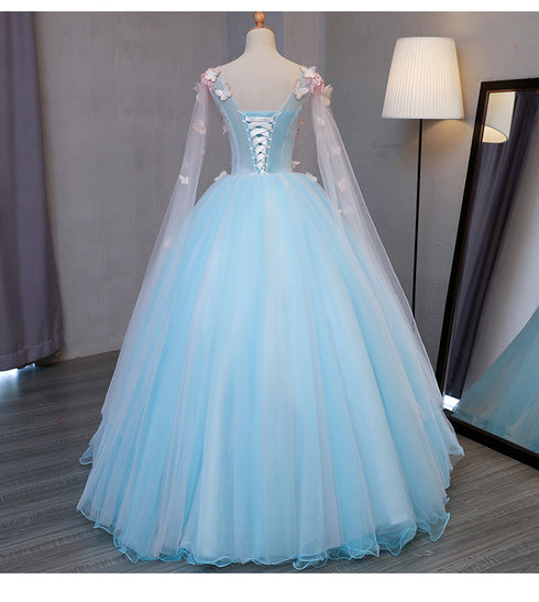 Beautiful Light blue Butterfly Lace Ball Gown Prom Dresses, Sweet 16 F ...