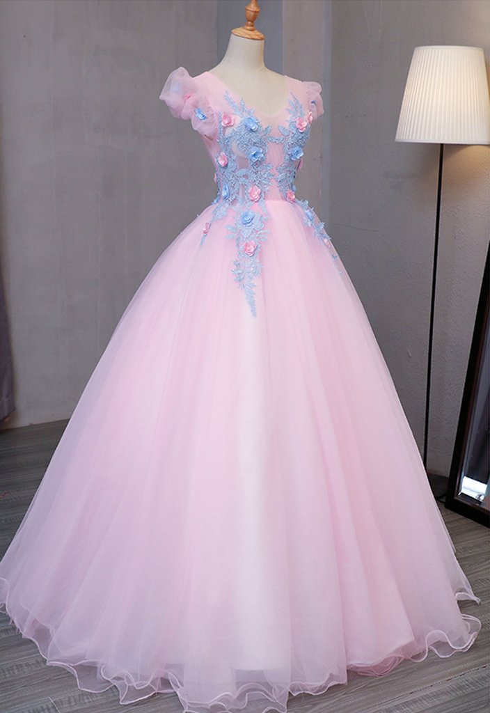 Lovely Pink Sweetheart Party Gown with Blue Lace, Pink Quinceanera Dre ...