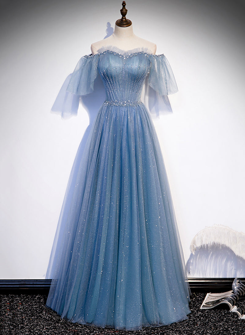 Charming Light Blue Tulle Puffy Sleeves Floor Length Party Dress, Blue ...